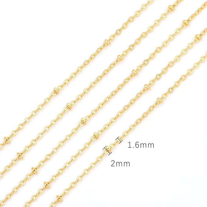 BEADIA 18K Gold Plated O Chains 1.6mm with 2mm Beads 2 Meters for Jewelry Making Findings