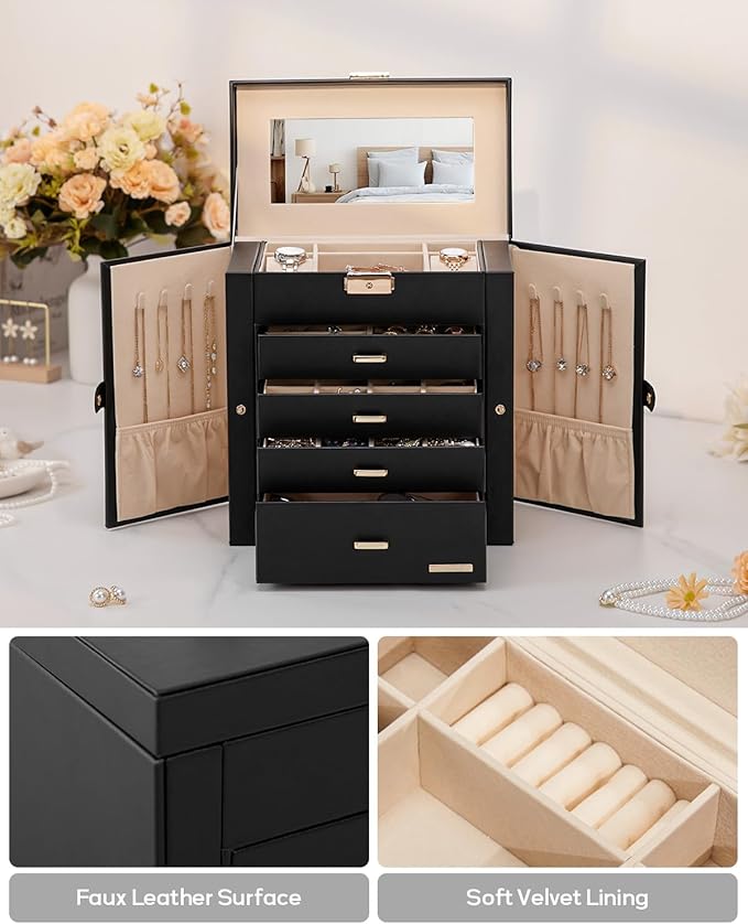 Homde Valentine's Day Gifts Synthetic Leather Huge Jewelry Box Mirrored Watch Organizer Necklace Ring Earring Storage Lockable Gift Case (Black + Gold)