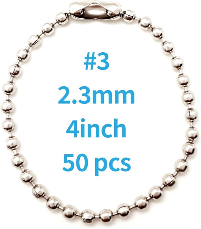 50-Pack 4-Inch Ball Chains with Connectors, 2.3mm Stainless Steel Beaded Chain for Dog Tags, ID Labels, Crafts, Keychains, Fan Pulls