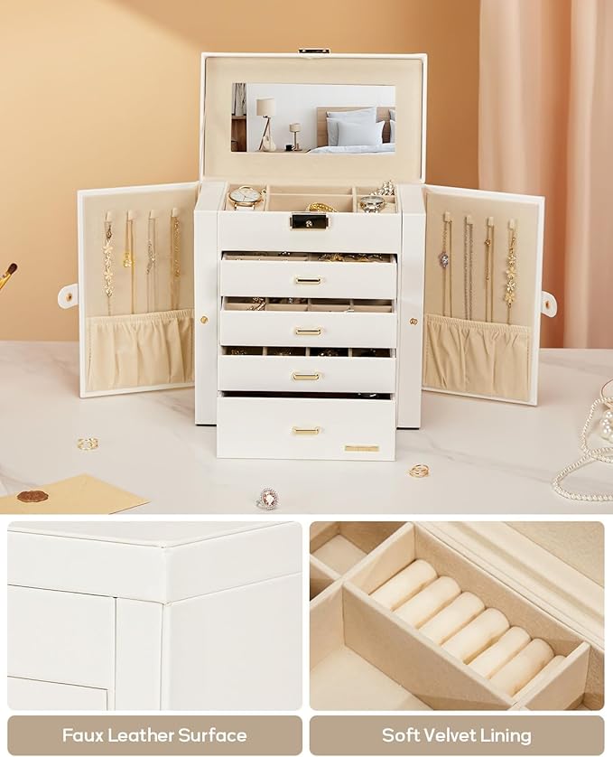Homde Synthetic Leather Huge Jewelry Box Mirrored Watch Organizer Necklace Ring Earring Storage Lockable Gift Case (White + Gold)