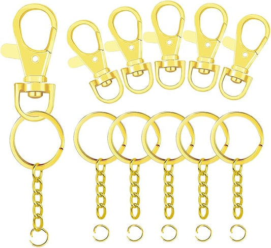 100 Pcs Lanyard Snap Hooks and Key Rings with Chain and Jump Rings for Keychain Lanyard DIY Jewelry Crafts Accessories Gold(50 Swivel Snap Hooks +50 Flat Key Ring with Chains)