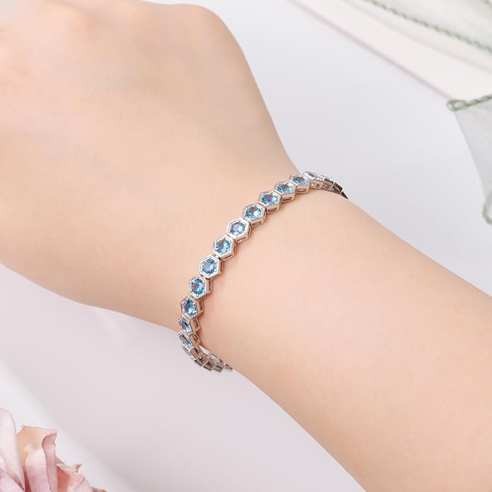 Birthstone Tennis Bracelets for Women Birthday Gifts 925 Sterling Silver Hexagon White Gold Bracelets Round Cut 5A Cubic Zirconia Prong Setting 7 Inch Anniversary Jewelry Gift