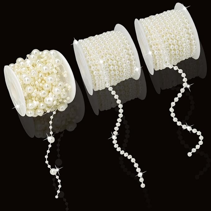 3 Rolls Pearls String Beads Decoration Pearl Garland for Christmas Tree Faux Pearl Garland Roll Strand for Crafting String of Flowers Wedding,66 Feet (Ivory)