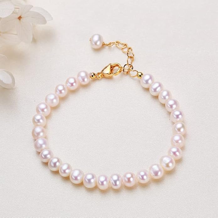 14K Gold over S925 Silver Pearl Bracelet, Freshwater Pearl Beaded Bracelet, Birthday, Mother's Day Gift for Mother, Wife, Girlfriend