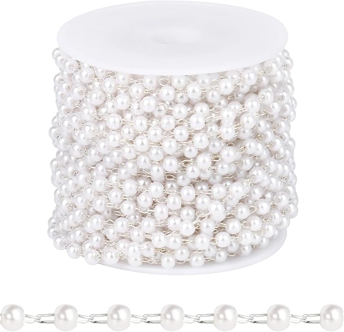 [33 FT] Silver Plated Pearl Beads Chain Bulk for Jewelry Making, 3mm Pearls Beaded Brass Oval Link Chains Roll Spool for DIY Craft Jewelry Making