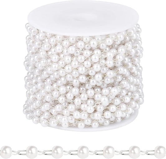 [33 FT] Silver Plated Pearl Beads Chain Bulk for Jewelry Making, 4mm Pearls Beaded Brass Oval Link Chains Roll Spool for DIY Craft Jewelry Making