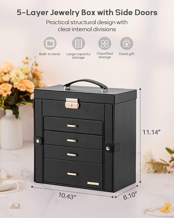 Homde Valentine's Day Gifts Synthetic Leather Huge Jewelry Box Mirrored Watch Organizer Necklace Ring Earring Storage Lockable Gift Case (Black + Gold)