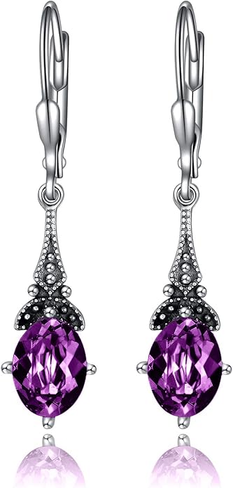 AOBOCO Vintage Earrings for Women Sterling Silver Retro Drop Dangle Leverback Earrings with 8x6mm Oval Genuine or Simulated Birthstone Crystal from Austria, Anniversary Jewelry Gifts for Her (Gift Box)