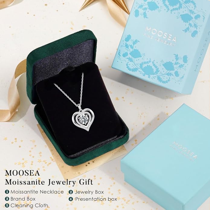MOOSEA Valentines Day Gifts for Her - 925 Sterling Silver Double Heart Moissanite Necklace, 1-3 Carat Lab Created Moissanite Anniversary Birthday Gift for Women Wife Girlfriend Mom