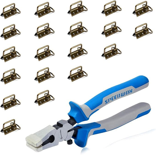 SPEEDWOX Key Fob Pliers and 20 Sets 1.25 Inch Key Fob Hardware with Split Rings Antique Brass Webbing Fabric Crafts Wristlet Set Glass Breaking Pliers Tools with Rubber Tips