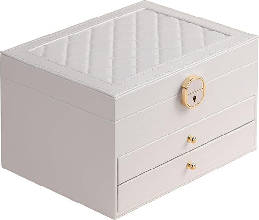 GUOER Jewelry Box for Women Girl Wife 3 Layers Large PU Leather Jewelry Organizer Storage Case with Two drawers Display for Earrings Bracelets Rings Watches (White)
