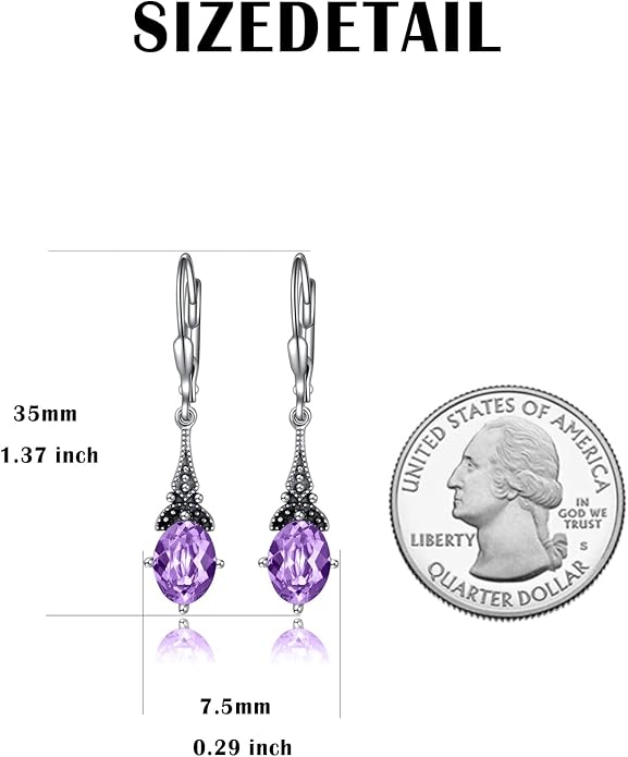 AOBOCO Vintage Earrings for Women Sterling Silver Retro Drop Dangle Leverback Earrings with 8x6mm Oval Genuine or Simulated Birthstone Crystal from Austria, Anniversary Jewelry Gifts for Her (Gift Box)