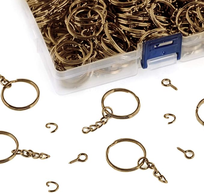 Swpeet 450Pcs Bronze 1" 25mm Key Chain Rings Kit, Including 150Pcs Keychain Rings with Chain and 150Pcs Jump Ring with 150Pcs Screw Eye Pins Bulk for Jewelry Findings Making (Bronze)