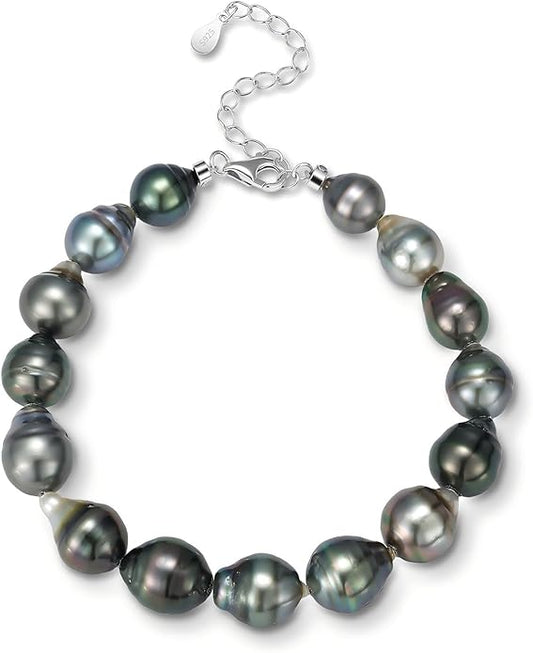 Genuine Tahitian Pearl Strand Bracelet for Women - 15pcs 9-10mm Ocean-Grown Baroque Pearls, Wedding Anniversary Birthday Christmas Gift for Wife Mom Girlfriend Daughter, Length 6.6”+ 2” Extender