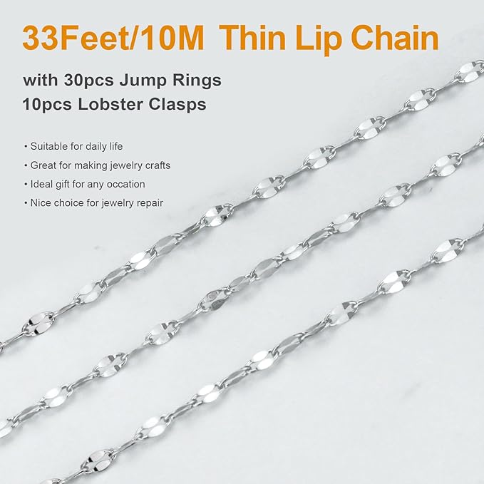 Kyutong Silver Necklace Chain for Jewelry Making Stainless Steel Cable Link Chain Bulk Thin Jewelry Making Supplies Chains with Lobster Clasps Jump Ring for Craft DIY Necklace Ankle Making