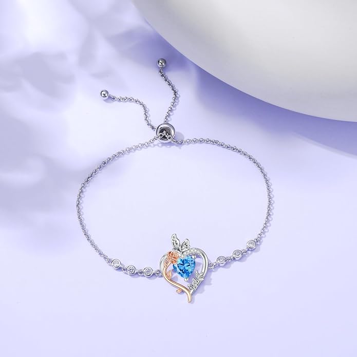 TOUPOP Rose Heart Birthstone Bracelet 925 Sterling Silver Butterfly Heart Bracelet Love Jewelry for Women Anniversary Valentines Day Birthday Gifts for Her Wife Mom