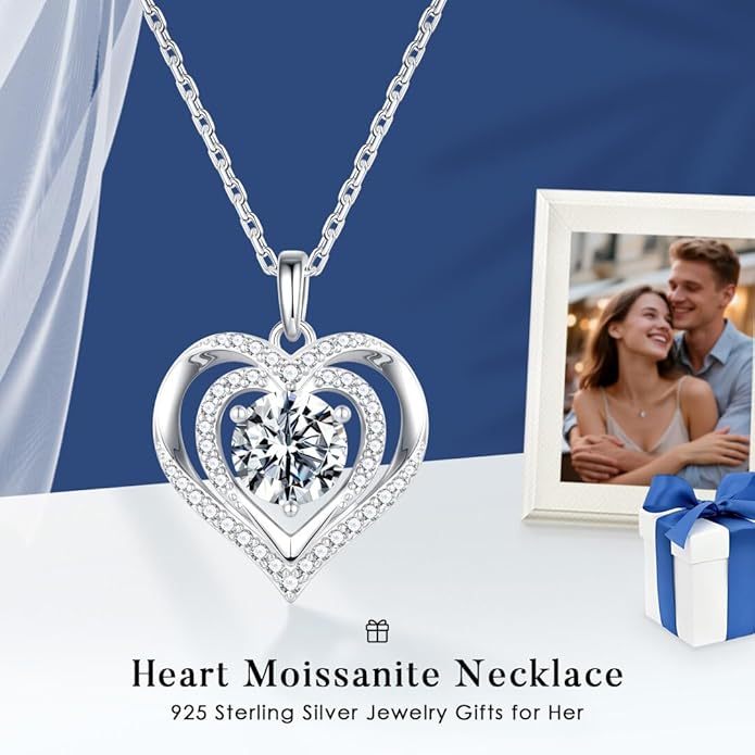 MOOSEA Valentines Day Gifts for Her - 925 Sterling Silver Double Heart Moissanite Necklace, 1-3 Carat Lab Created Moissanite Anniversary Birthday Gift for Women Wife Girlfriend Mom