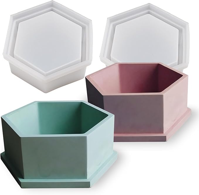 Wehous 2PCS Hexagon Candle Jar Silicone Molds, Geometric Container Plant Pot Silicone Molds for Resin Concrete, Epoxy Resin Casting Storage Box Molds for Jewelry Holder Trinket Tray Art Craft Decor