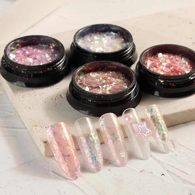 Holographic Mermaid Nail Art Glitter Iridescent Flakes, 8 Colors Aurora Irregular Ice Slag Opal Nail Foil Flakes Ultra-Thin Paillettes Glitter Sequins for Gel Polish Nail Art Decoration, Resin Craft