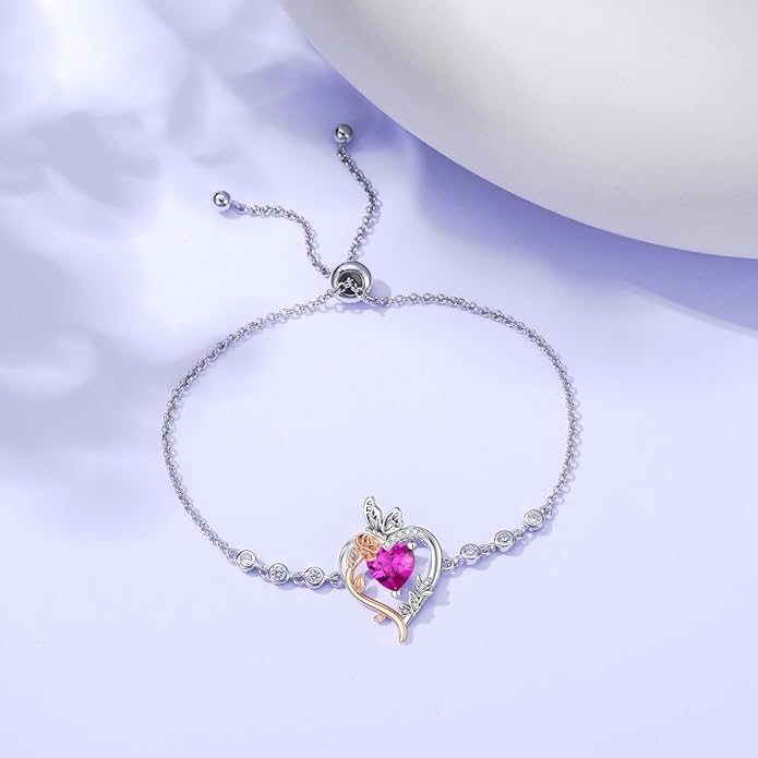 TOUPOP Rose Heart Birthstone Bracelet 925 Sterling Silver Butterfly Heart Bracelet Love Jewelry for Women Anniversary Valentines Day Birthday Gifts for Her Wife Mom
