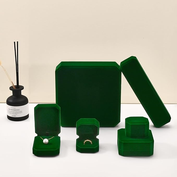 Velvet Double Dual Ring Box Green Double Ring Gift Box Weeding Proposal Engagement Bearer Gift Case