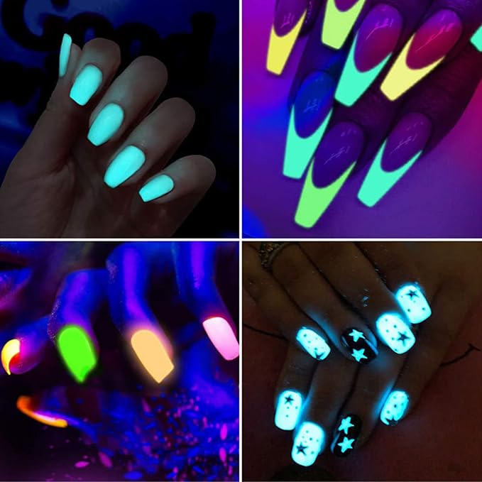 12 Colors Luminous Nail Powder Night Fluorescent Pigment Holographic Glitter Glow Liquid Nail Art Dust Design Sparkle Nails Supplies 3D Nail Art Decoration for Women Girls Manicure Tips Charms