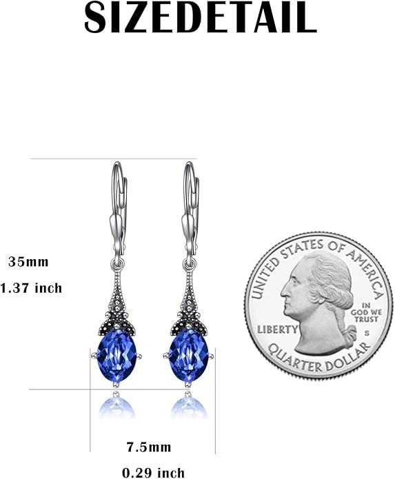 AOBOCO Vintage Earrings for Women Sterling Silver Retro Drop Dangle Leverback Earrings with 8x6mm Oval Genuine or Simulated Birthstone Crystal from Austria, Anniversary Jewelry Gifts for Her (Gift Box)