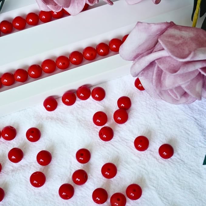 Jabrand 100pcs Red Beads, 8mm Porcelain Beads for Jewelry Making Round Ceramic Bead Unique Vintage Bead for Craft Beading Kit Bracelets DIY Decor