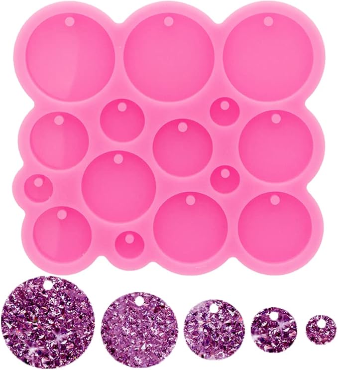 AMZTOART 1pc Glossy Circle Diameter 1cm 1.5cm 2cm 2.5cm 3cm Resin Silicone Keychain Molds, Round Epoxy Mold with 10PC Key Ring(DY1303)