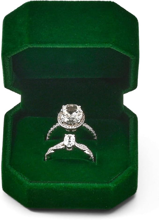 Velvet Double Dual Ring Box Green Double Ring Gift Box Weeding Proposal Engagement Bearer Gift Case