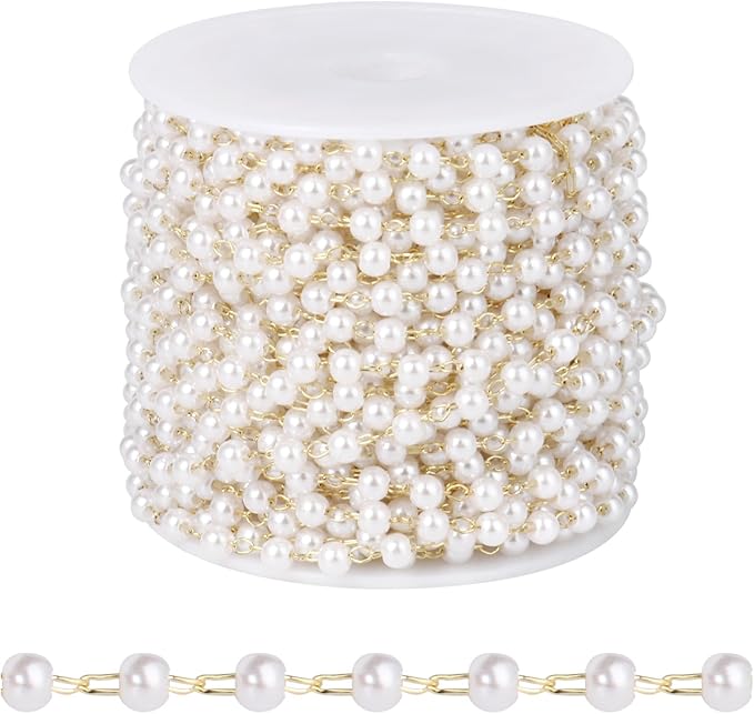 [33 FT] Gold Plated Pearl Beads Chain Bulk for Jewelry Making, 3mm Pearls Beaded Brass Oval Link Chains Roll Spool for DIY Craft Jewelry Making