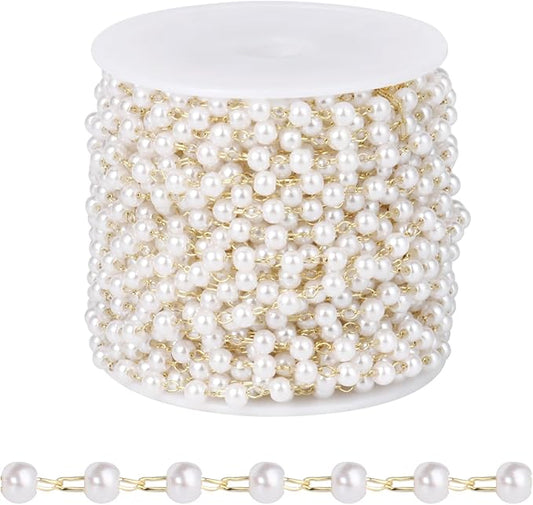 [33 FT] Gold Plated Pearl Beads Chain Bulk for Jewelry Making, 3mm Pearls Beaded Brass Oval Link Chains Roll Spool for DIY Craft Jewelry Making