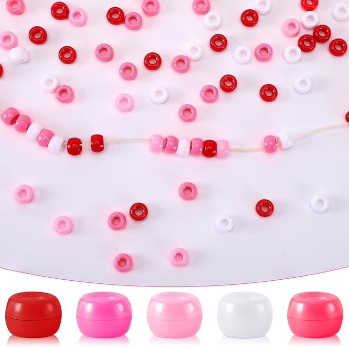 UPINS 1200Pcs Valentine's Day Pony Beads for Jewelry Making Bracelets Crafts Plastic Small Spacer Beads Pink Rose Red White Pony Beads DIY Hair Beads for Necklace Bracelets Earrings Supplies