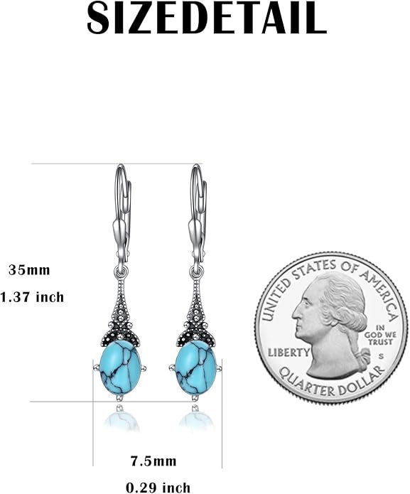 AOBOCO Vintage Earrings for Women Sterling Silver Retro Drop Dangle Leverback Earrings with 8x6mm Oval Genuine or Simulated Birthstone Crystal from Austria, Anniversary Jewelry Gifts for Her (Gift Box)