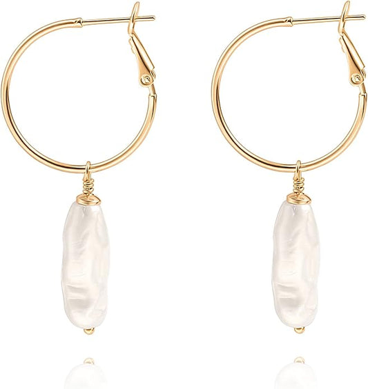 Gold Plated Huggie Hoop Earrings with Charms Fashion Pearl Drop Dangle Earrings for Women Handmade Karma Circle Jewelry for Ladies Lightweight Pearl Earrings on Christmas