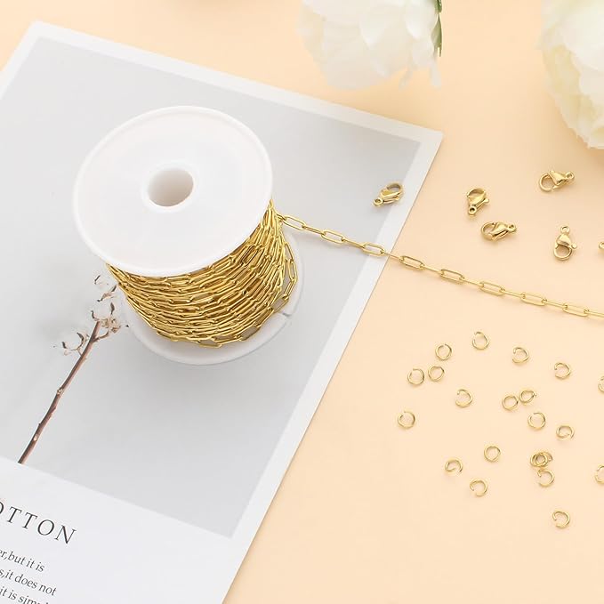 Kyutong 5M Gold PVD Plated Necklace Chain for Jewelry Making 304 Stainless Steel Paperclip Chain Roll with Lobster Clasps and Jump Rings for Men Women Making Jewelry Craft Support Jewelry Findings