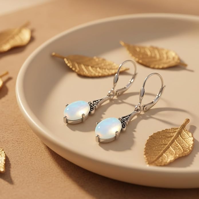 AOBOCO Vintage Earrings for Women Sterling Silver Retro Drop Dangle Leverback Earrings with 8x6mm Oval Genuine or Simulated Birthstone Crystal from Austria, Anniversary Jewelry Gifts for Her (Gift Box)