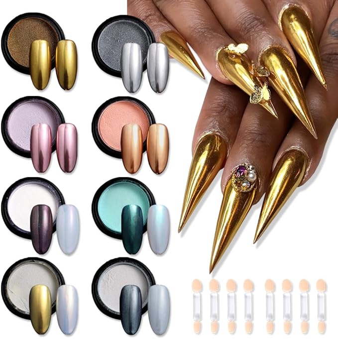 SUTOKAKA 8 Jars Chrome Nail Powder Magic White Pearl Kit, Metallic Mirror Effect Holographic Glitter Iridescent Aurora Mermaid Pearl Pigment Dust Kit for Gel Polish Nail Art Decoration, Resin Craft