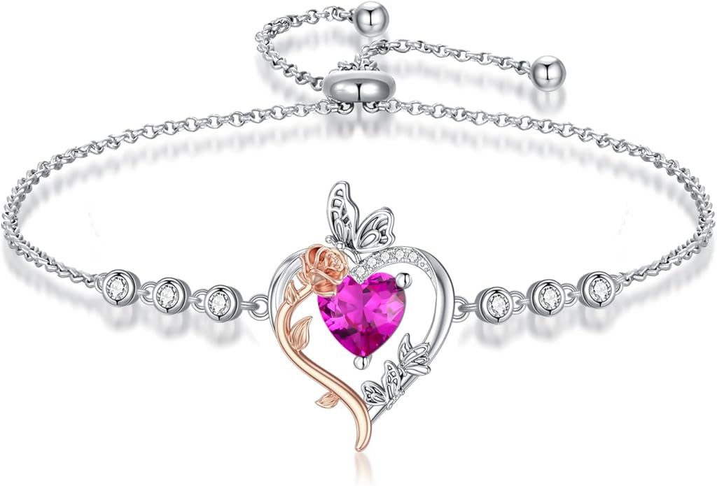 TOUPOP Rose Heart Birthstone Bracelet 925 Sterling Silver Butterfly Heart Bracelet Love Jewelry for Women Anniversary Valentines Day Birthday Gifts for Her Wife Mom