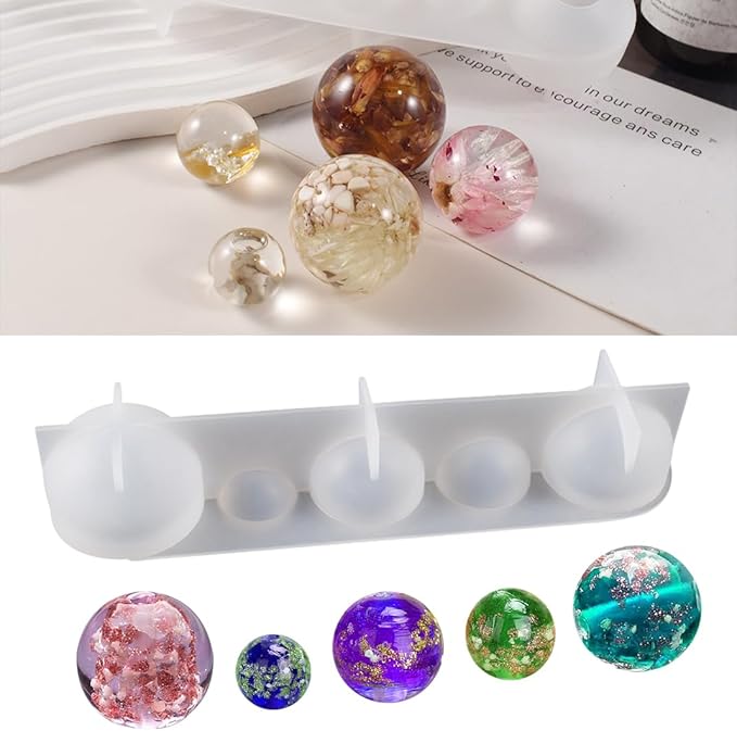 Bead Mold 5-Cavity Sphere Resin Mold 3D Clear Round Ball Silicone Mold Crystal Bead Casting Molds 5 Sizes Epoxy Resin Silicone Mold Flowers Preservation Jewellery Pendant Making