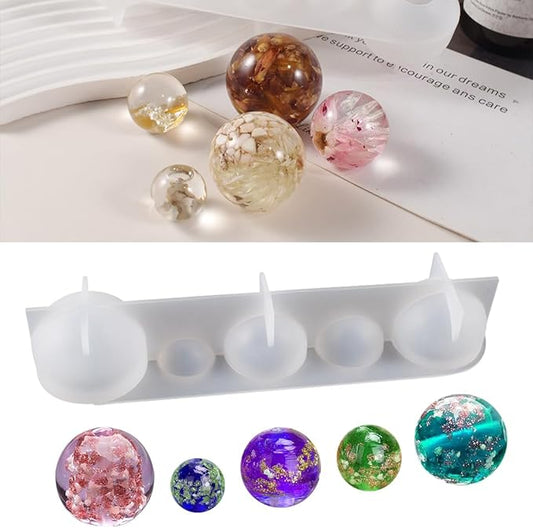 Bead Mold 5-Cavity Sphere Resin Mold 3D Clear Round Ball Silicone Mold Crystal Bead Casting Molds 5 Sizes Epoxy Resin Silicone Mold Flowers Preservation Jewellery Pendant Making