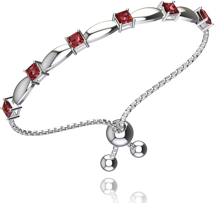Fine Bracelet Tennis Style Pull String Birthstone Jewelry Gift for Women 925 Sterling Silver Square Sparkling Bolo Gemstone Jewelry Adjustable Bracelets