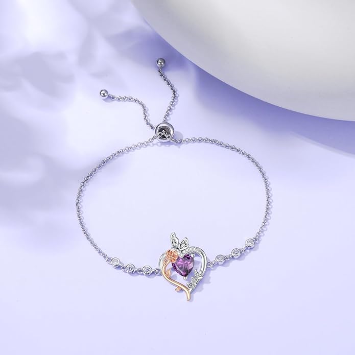 TOUPOP Rose Heart Birthstone Bracelet 925 Sterling Silver Butterfly Heart Bracelet Love Jewelry for Women Anniversary Valentines Day Birthday Gifts for Her Wife Mom