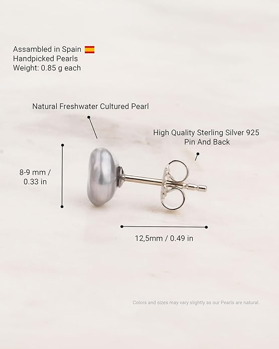 Woman Pearl Earrings Freshwater Cultured Keshi Pearls in White and Gray by SECRET & YOU | Sterling Silver 925 | Available in 10 sizes from 7-8 mm to 15-16 mm