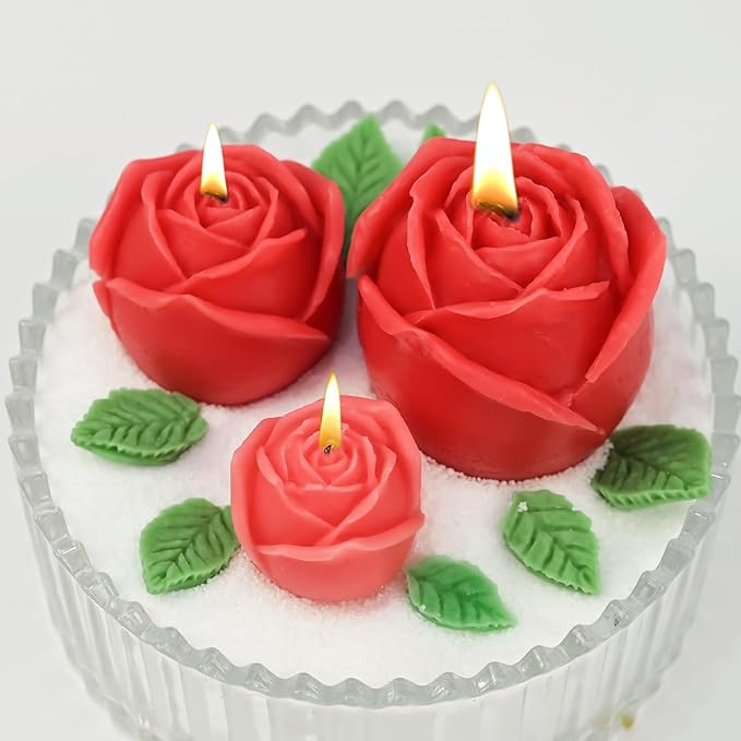 ZQYSING 4 Pack Rose Candle Molds with Leaf Mold, Set of Large + Medium + Small 3D Flower Silicone Molds for Candles Epoxy Resin Casting Wax Soap Clay Plaster Home Décor Handmade Gift
