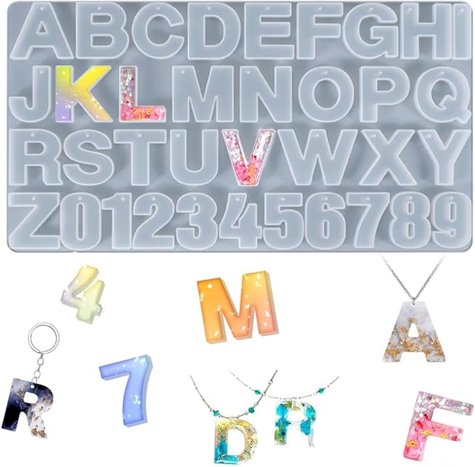 Alphabet Keychain Molds with Hole Silicone Resin Letter Number Molds Reusable Alphabet Resin Mold for Making Keychain Bag Charms Jewelry Pendant
