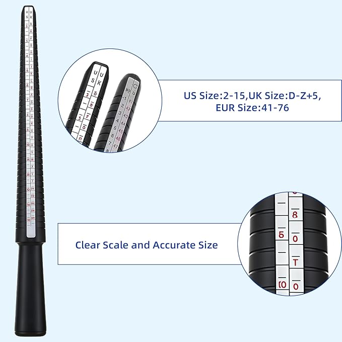 CllyCnny Ring Sizer Measuring Tool Kit : Mandrel Measurer with 27 Steel Measuring Rings US 0-13, 2 PCS Finger Size Gauge US 1-17, 4 PCS Finger Measurer Adjuster for Loose Rings for Men Women