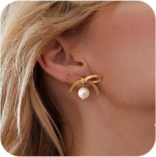 Pearl Earrings for Women - Dainty Gold Dangle Drop Earrings, 14k Gold Plated Cute Bow Design, Hypoallergenic Pearl Studs, Wedding Jewelry Gifts