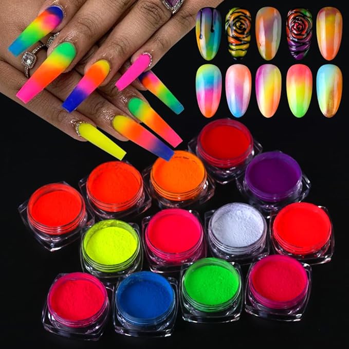 13 Colors Neon Phosphor Pigment Powder Set, Super Bright Fluorescent Nail Pigment Dust Nail Glitter for Gradient Iridescent Gel Polish Nail Art Decoration, Resin Craft