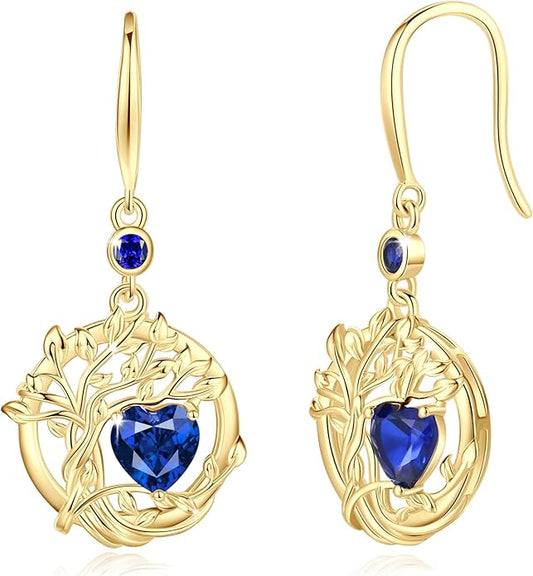 FANCIME Valentines Day Gift Tree of Life Dangle Drop Earrings 925 Sterling Silver Dainty Round Gemstone Birthstone Earring Fine Jewelry Birthday Gifts for Her Women